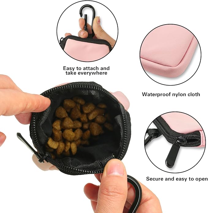 COOWONE Dog Treat Pouch Pocket Sized Pet Puppy Training Pouch for Dog Training Behavior Aids, Waterproof Nylon Fabric Dog Poop Bag Holder, Hands Free Dog Walking Bag with Metal Carabiner (Pink)