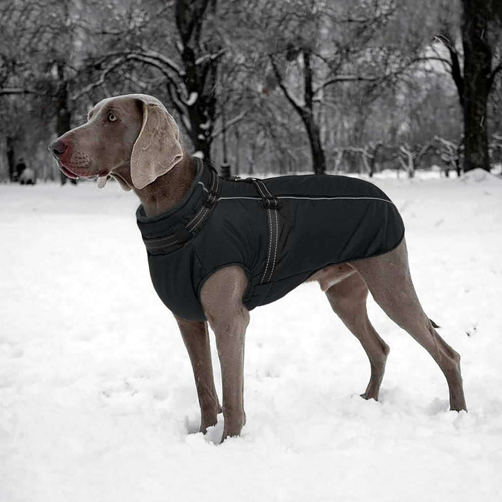 Lelepet Dog Coat for Large Dogs Waterproof Dog Jacket with Harness Built in Reflective Fleece Jacket with Zip Cold Weather Coats for Dogs Outdoor, Cozy Thermal Pet Snowsuit, Weimaraner, Black, XXL