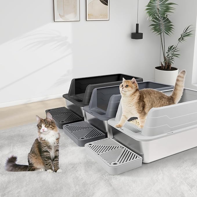 3 Pack Stainless Steel Litter Box, XL 22.9” x 15” x 10.3” High Sided Metal Cat Litter Tray with Scoop, Filter Pedal for Anti-Splash, Non-Sticky, Easy to Clean (Dark Grey&Light Grey&Black)