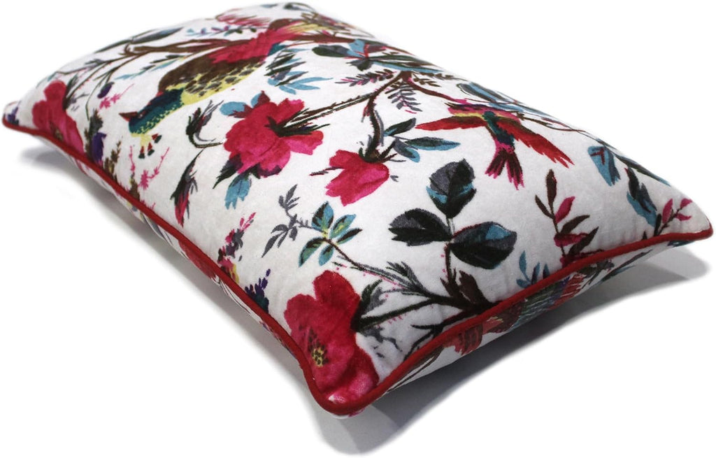 Eyes of India Velvet Floral Flower Bird Throw Pillow Sofa Cushion Cover Case Couch Colorful Boho Chic Bohemian Accent Indian Handmade (White, 20" x 12")