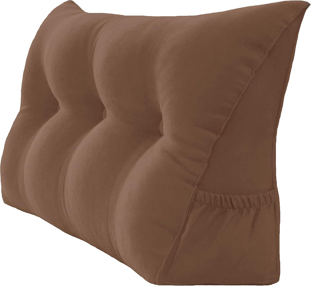 Triangular Reading Bed Rest Pillow Large Bolster Cushion Headboard Backrest Wedge Pillow with Removable Cover and Two Large Side Pockets (Brown, Twin: 39 x 8 x 20 inches)