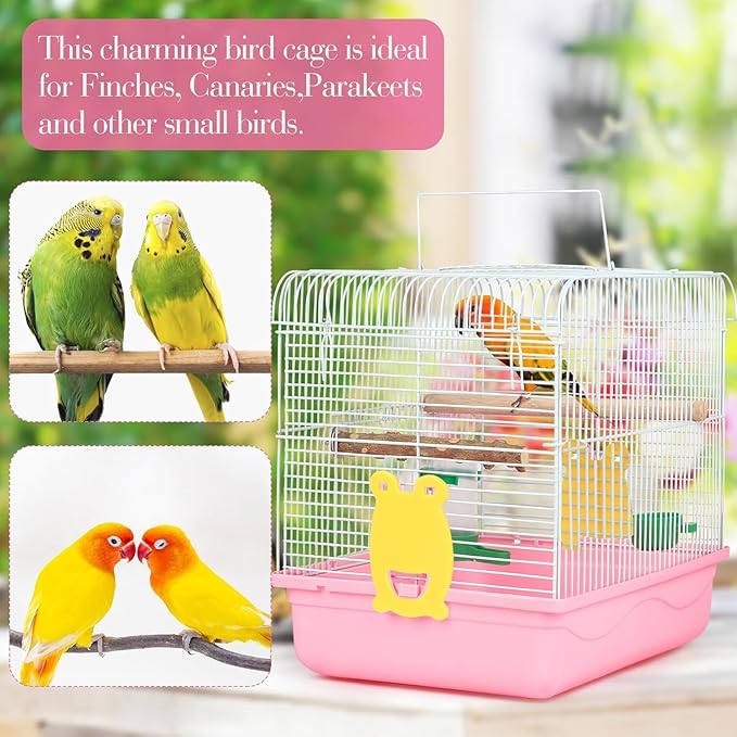Small Bird Cage, Lightweight Travel Birdcages for Cockatiels - Cage Starter Kit with Stand Accessories for Parakeets Parrot Lovebirds Parrotlets Finches Canaries and More Small Animals, Pink