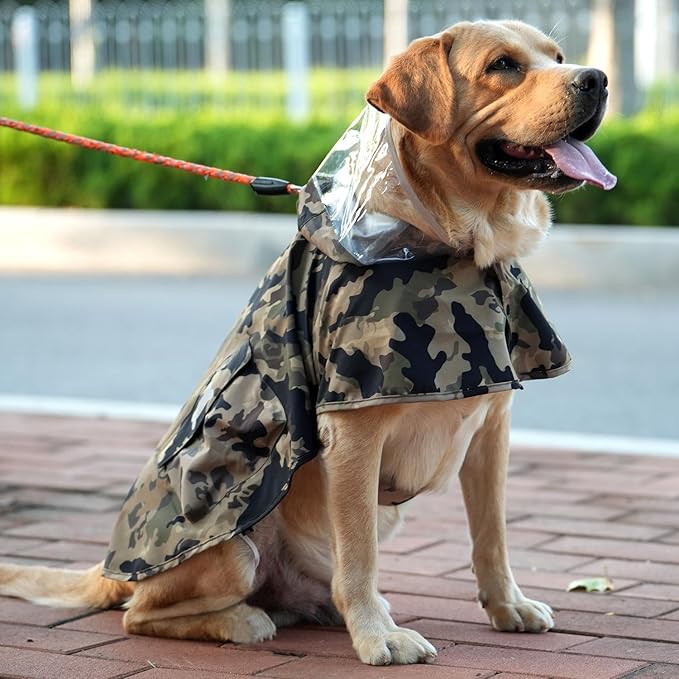 Waterproof Dog Raincoat, Adjustable Reflective Lightweight Pet Rain Clothes with Poncho Hood(Medium,Camo)