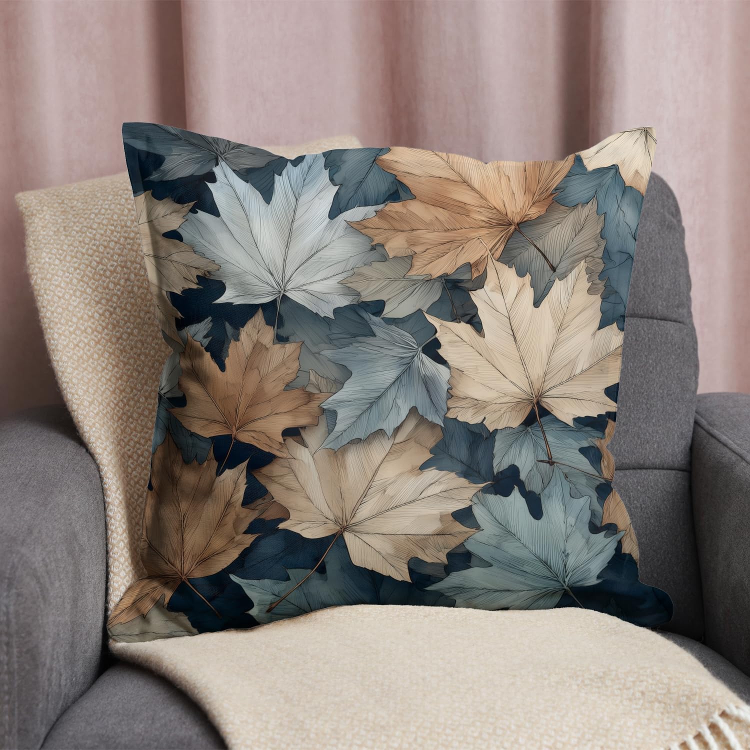 Vintage Boho Leaves Print Throw Pillow Cover, Orange, Blue - Blue Autumn Leaves Decor Pillowcase, Indoor Outdoor Cushion Case for Sofa Couch Bed Living Room Bedroom Home (Yellow leaves, 18x18inch)