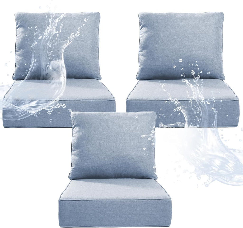 6" Thicker Outdoor Chair Cushion 3 Sets - 24" *24" *6" Waterproof Patio Furniture Cushions with Removable Cover, 28D High Density Sponge Filling Thicken Outdoor Patio Cushions - Baby Blue