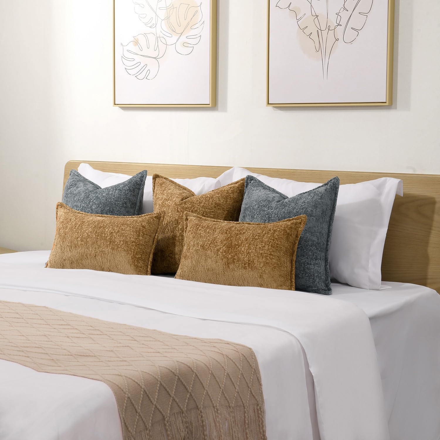 Pack of 2 Golden Brown Decorative Throw Pillow Covers 24x24 Cozy Soft Chenille Accent Vintage Square Couch Pillow Covers for Home Decor Bed Sofa Living Room