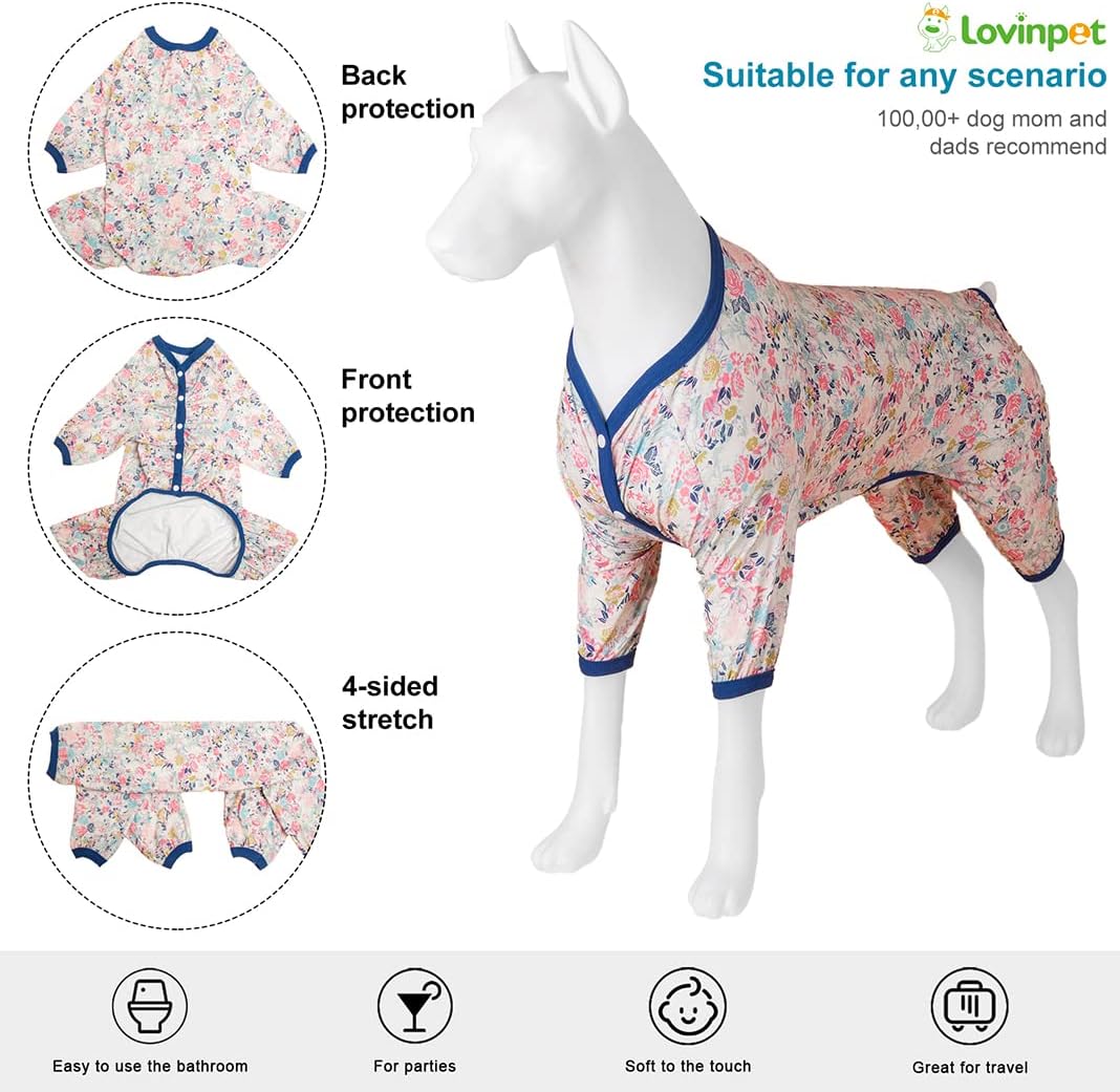 LovinPet Large Dog Clothes - Anxiety Calming Dog Shirt, Lightweight Fabric, Adorable Spring Flowers Print, Pjs for Large Dogs, Pajamas for Pitbulls, Pitbull Clothes, Pink 2XL