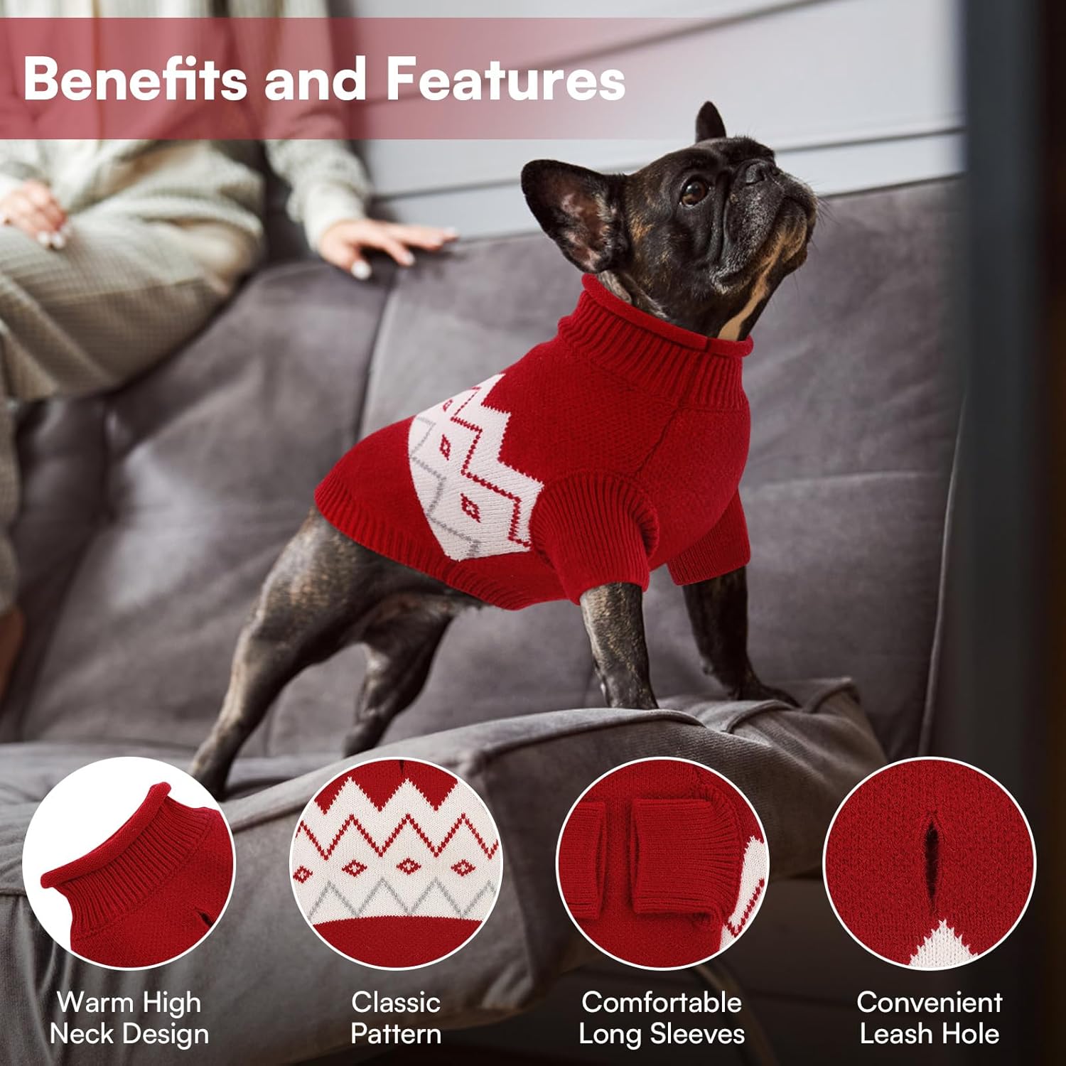 Queenmore Warm Dog Sweater, Soft Pet Knitwear, Knitted Pullover, Vlentines Day Gifts Winter Pet Clothes for Small Medium Dogs Cats Red