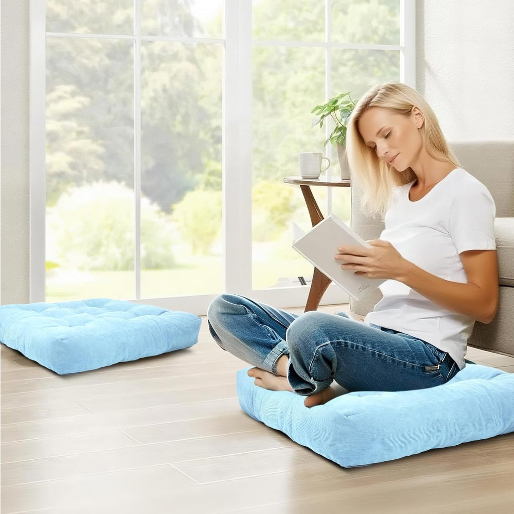 Meditation Floor Pillow Set of 2, Square Large Pillows Seating for Adults, Tufted Corduroy Cushion for Tatami Living Room, 22x22 Inch FP-Lblue
