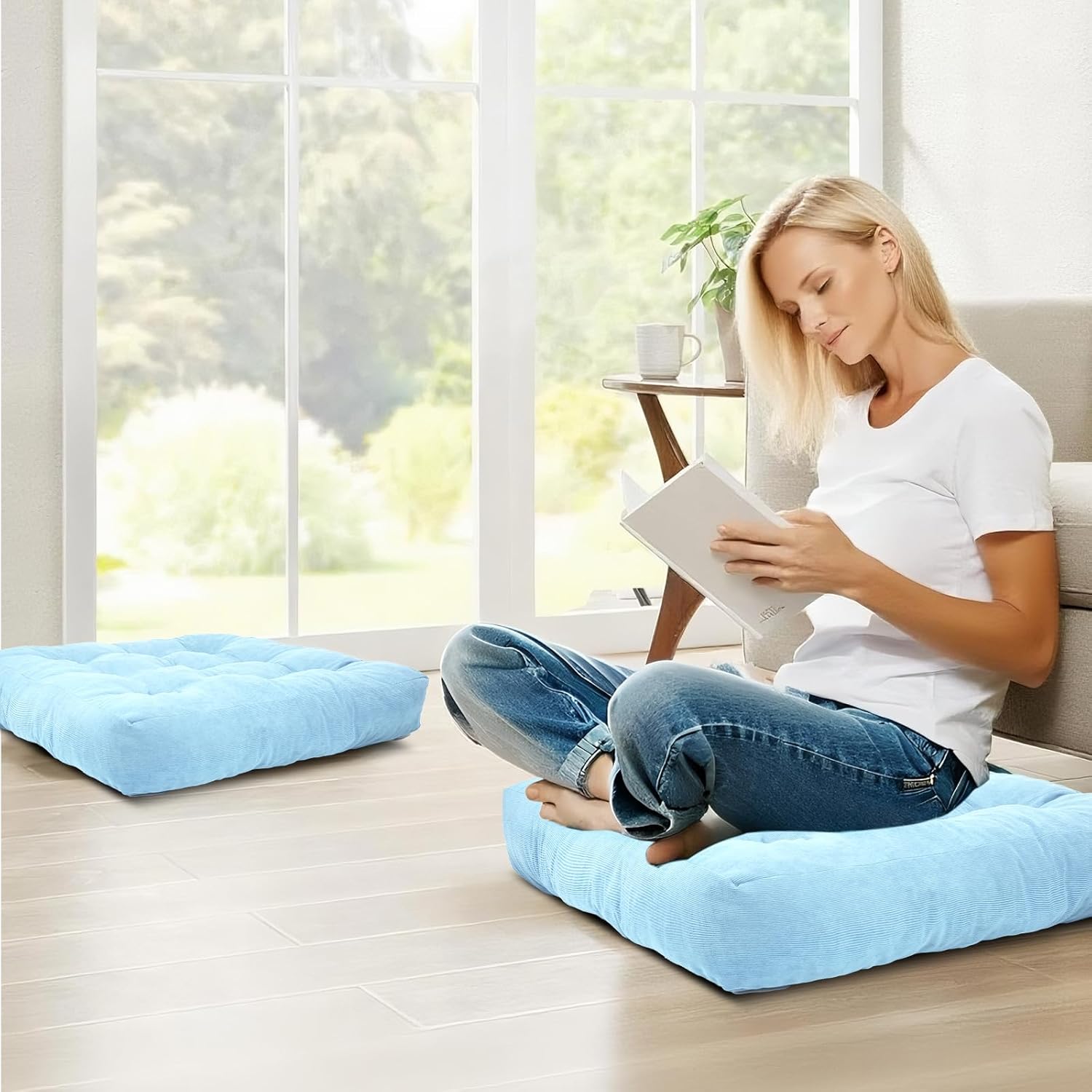 Meditation Floor Pillow Set of 2, Square Large Pillows Seating for Adults, Tufted Corduroy Cushion for Tatami Living Room, 22x22 Inch FP-Lblue