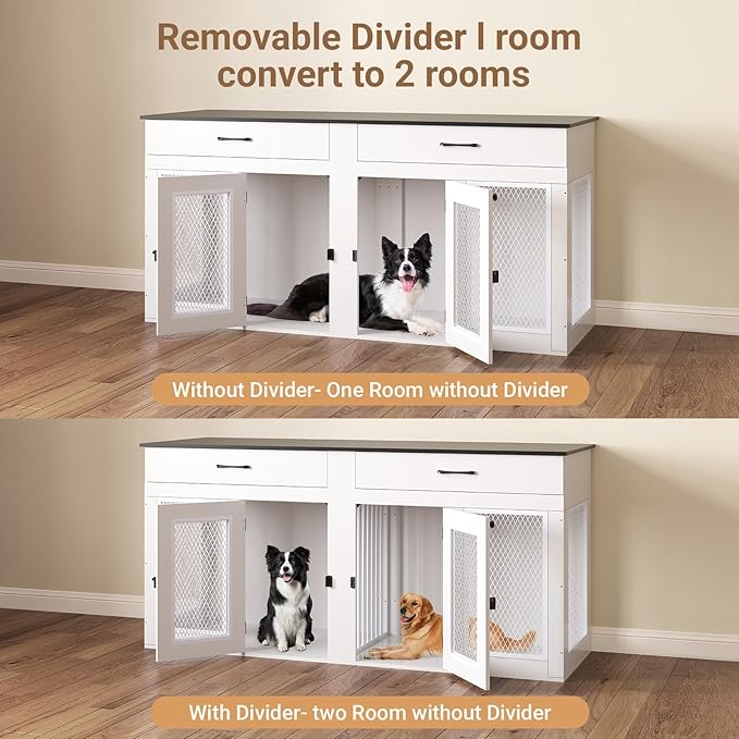71 Inch Dog Crate Furniture for 2 Dogs，XXL Thick Wooden Double Kennel TV Stand w/Removable Divider - Heavy Duty Indoor Cage for Large Breeds (White & Black Top, 71L* 23.6W* 33.5" H)