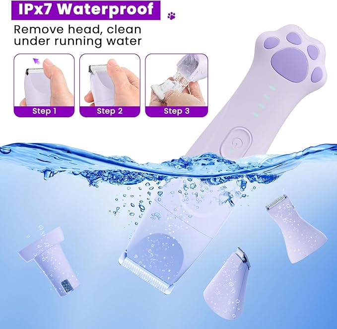 Dog Paw Trimmer - 4-in-1 Dog Clippers Grooming Kit with Low Noise & IPX7 Waterproof Design Includes Comb Paw Trimmer Nail Grinder - Rechargeable & Cordless Pet-Friendly Clipper (Purple)