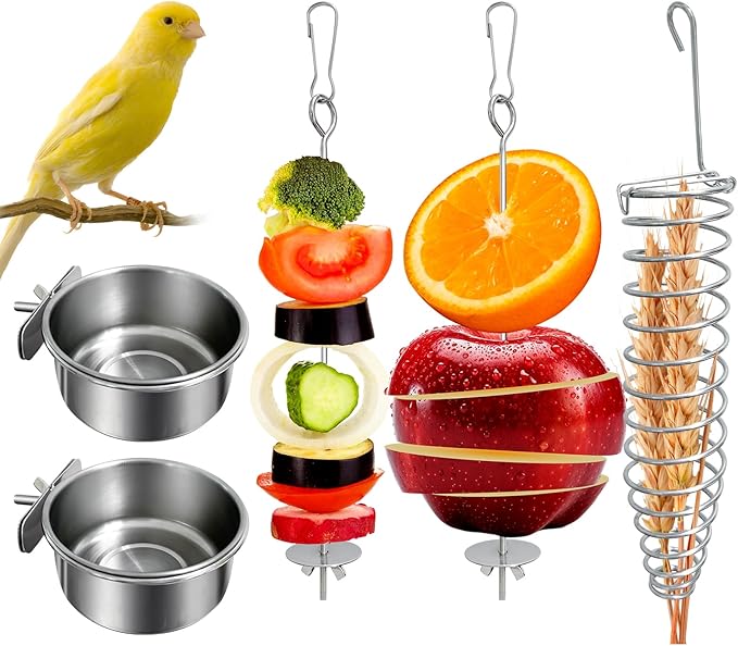 5Pcs Bird Cage Food Bowl Set, Stainless Steel Millet Holder with Parakeet Feeder, Pet Feeding Supplies