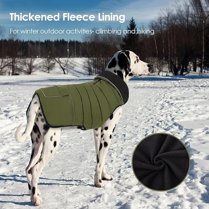 Dog Coat, Large Dog Jacket, Windproof Dogs Puffer Jacket, Fleece Lined Warm Dogs Winter Coat with Harness Hole(Army Green 2XL)