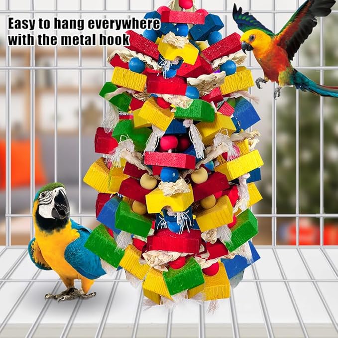 Parrot Toys for Large Birds, Multicolored Wooden Blocks Bird Chewing Toy Parrot Cage Bite Toy for Macaws Cokatoos African Grey and Large Medium Parrot Birds (Block)