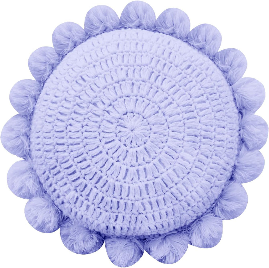 Boho Round Throw Pillow with Cute Handmade Pom Poms Tassels 18 Inch, Decorative Circular Knitted Crochet Cushion for Couch, Sofa, Chair, Bed, Purple