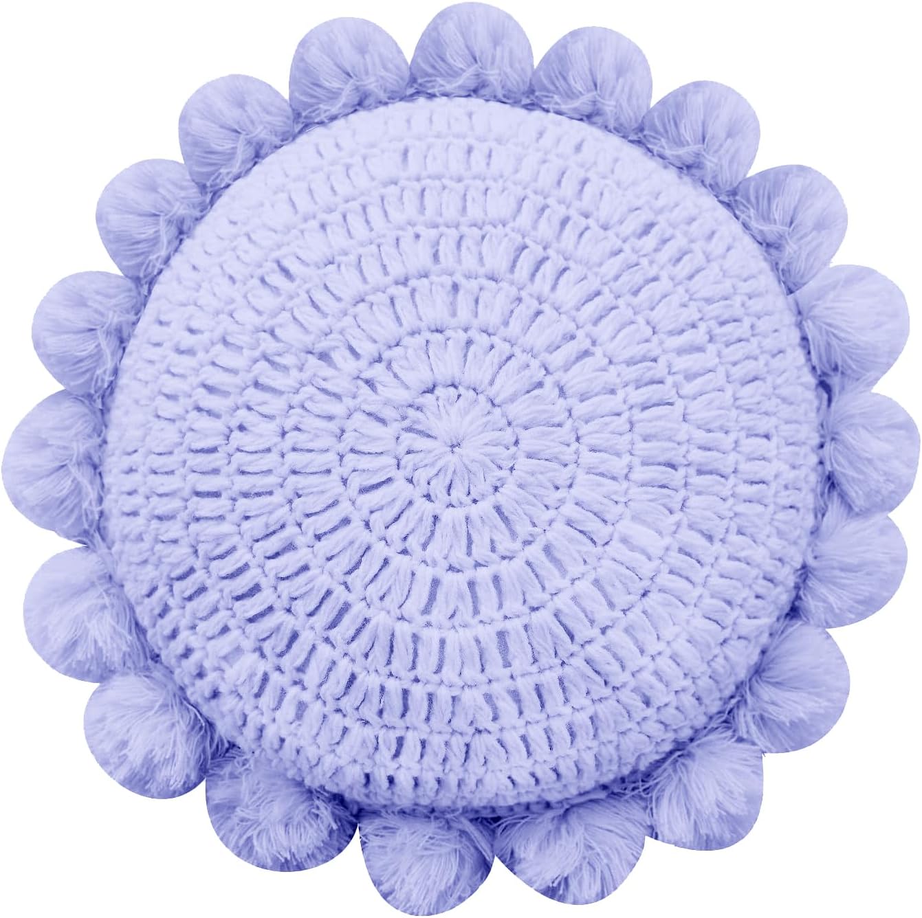 Boho Round Throw Pillow with Cute Handmade Pom Poms Tassels 18 Inch, Decorative Circular Knitted Crochet Cushion for Couch, Sofa, Chair, Bed, Purple