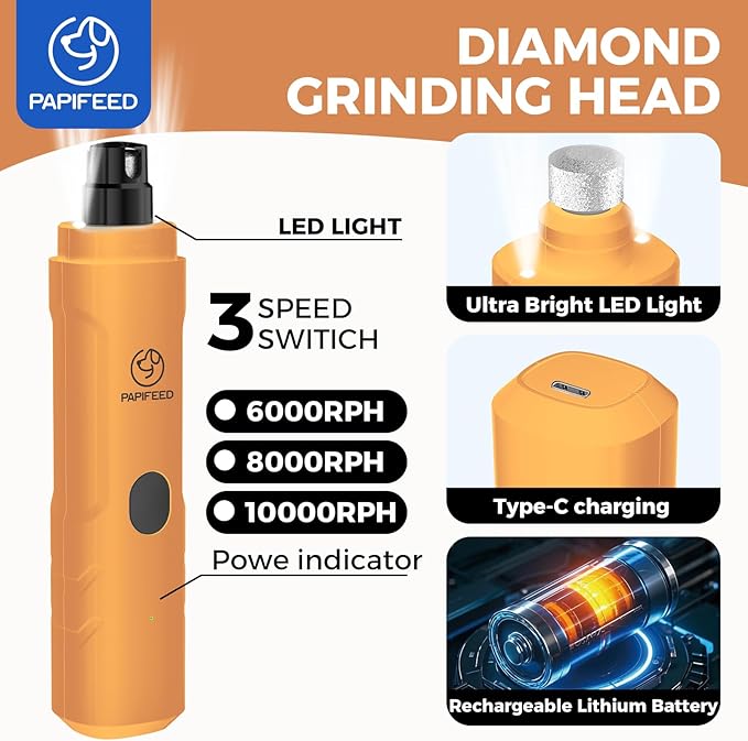 PAPIFFEED Dog Nail Grinder Upgraded with 2 LED Lights, 3-Speed Rechargeable & Quiet - Upgraded Electric Pet Nail Trimmer for Small Medium Large Dogs & Cats, Painless Paws Grooming Tool - Orange
