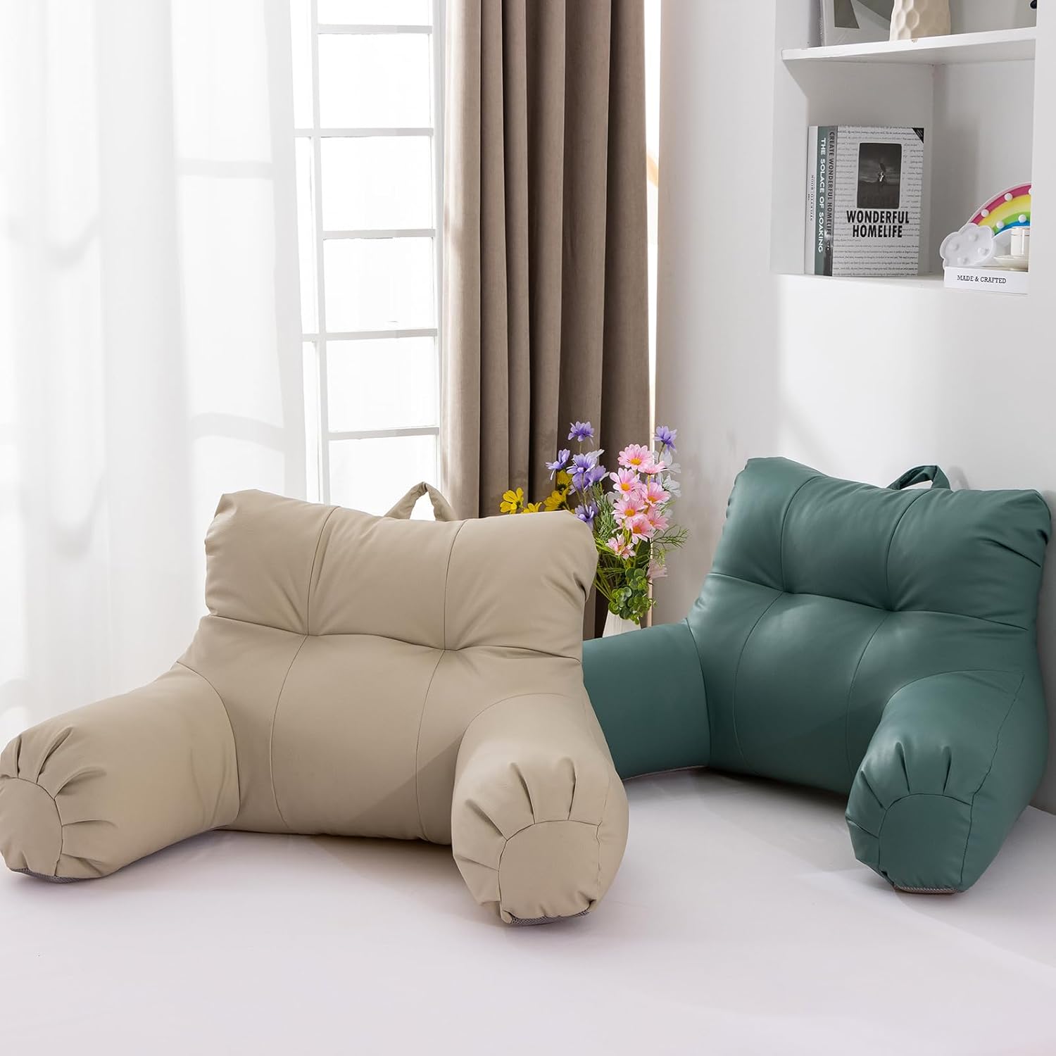 A Nice Night Faux Leather Reading Pillow for All Season,Wedge Bedrest Pillow Backrest with Arms Back Support for Sitting Up in Bed/Couch,Natural