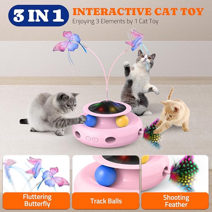 Interactive Cat Toy, 3 in 1 Automatic Cat Toy for Indoor Cats, Electric Kitten Toy with Rechargeable Battery, Self Play Kitty Toys with Rotating Fluttering Butterfly,Track Ball and Ambush Feather,Pink