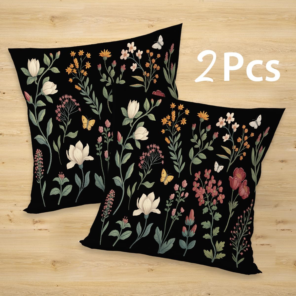 2 Pcs Spring Floral Pillow Covers, Black Botanical Wildflower Herbs Throw Pillow Covers, Summer Flower Plant Decorative Pillowcase Farmhouse Linen Square Cushion Case for Women Friend Sister