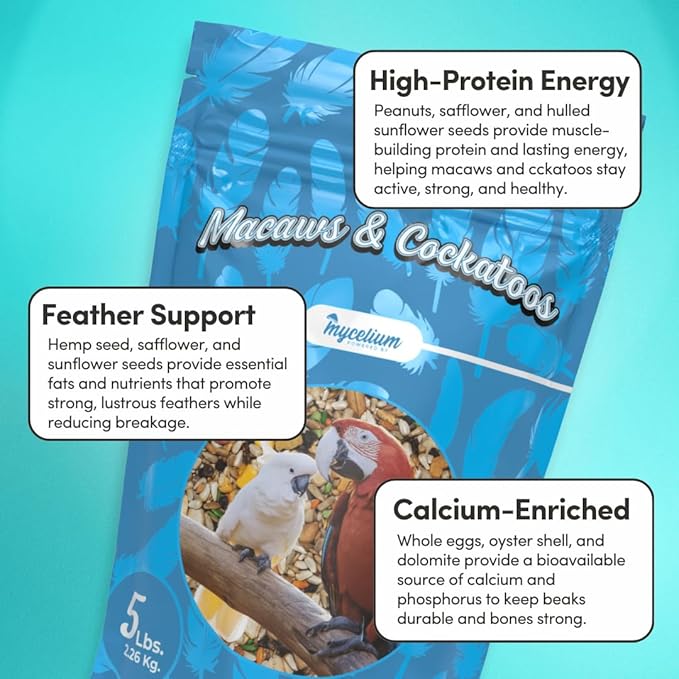 Mycelium Premium Macaw and Cockatoo Plus | High in Protein & Fat | Clean & Safe Food for Pet Birds | Seed Mix with Egg, Corn, Vitamins, Peanuts & Hemp Hearts | Organic & Non-GMO 5 lb Bag
