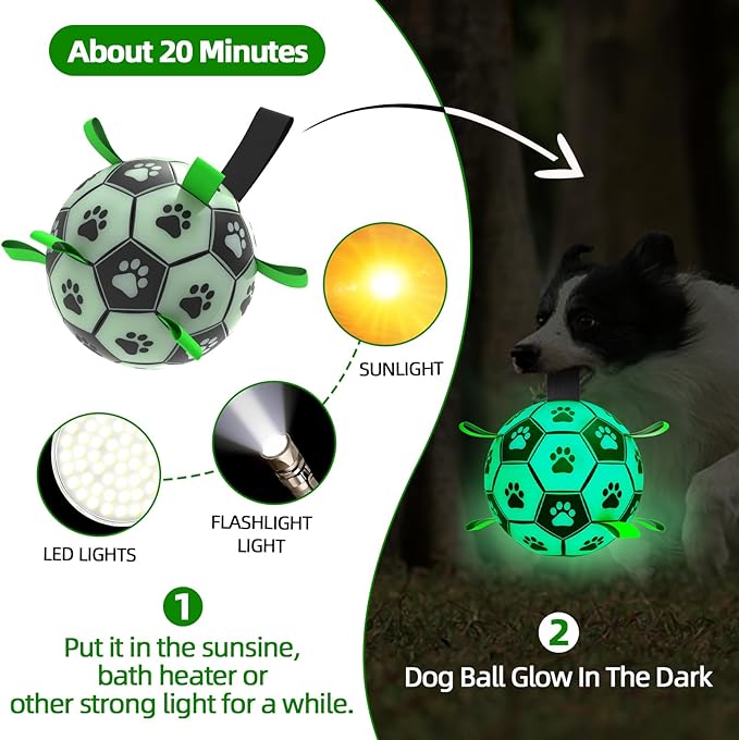 QDAN Dog Ball, Glow in The Dark Dog Toys, Light Up Soccer Ball for Dogs, Outdoor Dog Toys, Doggy Water Toy, Puppy Birthday Gifts for Medium Large (8 Inch)