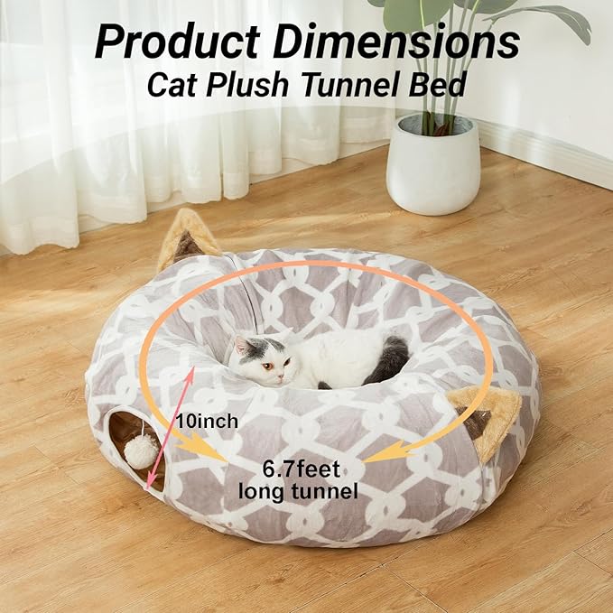LUCKITTY Large Cat Tunnel Bed Under Christmas Tree with Fluffy Toy Balls, Small Cushion and Flexible Design- 10 inch Diameter, 3 ft Length- Great for Cats, and Small Dogs, Gray Geometric Figure