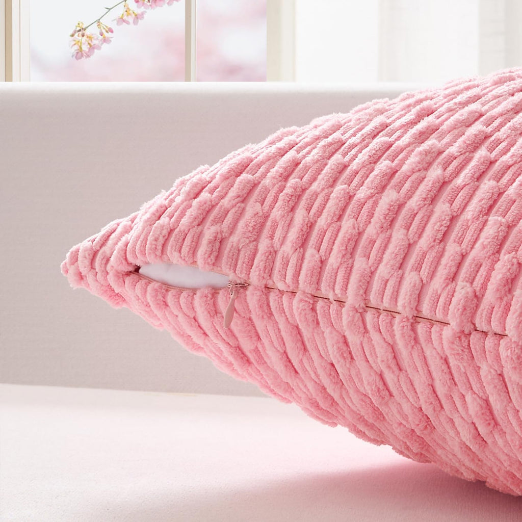 Kevin Textile Valentines Day 14x24 Inch Pillow Cover 1 Pack Boho Decorative Soft Striped Corduroy Lumbar Farmhouse Accent Rectangle Cushion Case for Living Room Couch Sofa Bed, Pink