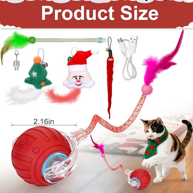 BABORUI Interactive Cat Toy Ball - Automatic Christmas Cat Toys for Indoor Cats with 5 Tails, 2 Speeds Rechargeable Cat Enrichment Toys for Small/Medium/Large Cats to Keep Them Busy
