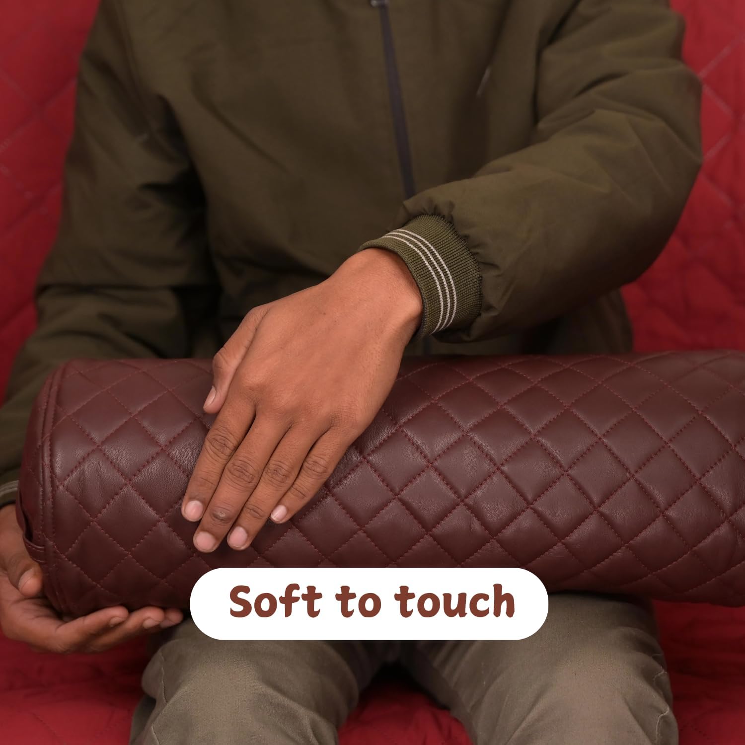 Neck Roll Pillow Cushion Cover, 16x6 Inch Full Moon Round Bolster Pillow Case, Cylinder Soft Lambskin Leather Pillowcase for Head, Spine & Neck Support During Sleep - Quilted Dark Brown Pack of 1