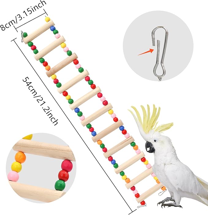 11-Step Bird Ladder Bridge,21.26 x 3.15 inches Raw Wood and Edible Dye,Pet Hamster Climbing Ladder Swing Toys Suitable for Small to Medium Birds,Bird Cage Accessories (11 Ladders)