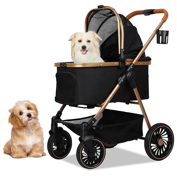 3-in-1 Pet Stroller for Small Dogs & Cats up to 33lbs, One-Touch Fold 4-Wheel Cart with Removable Carrier, Rear Brake & Storage Basket