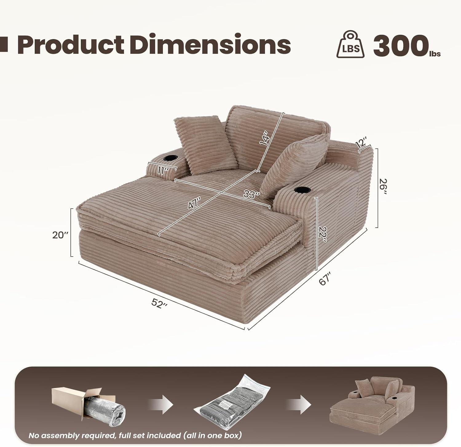67" Chaise Lounge Chair Indoor, Cozy Oversized Fluffy Sofa with Cup Holders & Throw Pillows, Boneless Sleeper Cloud Couch for Living Room, Movie Room and Apartments, Camel