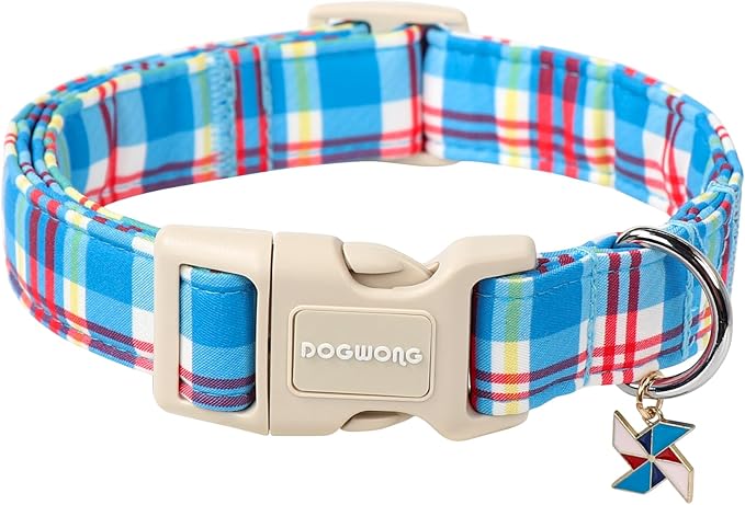 DOGWONG Blue Plaid Dog Collar- Cute Checkered Dog Collars Adjustable Designer Blue Puppy Dog Collar for Small Medium Large Dogs L