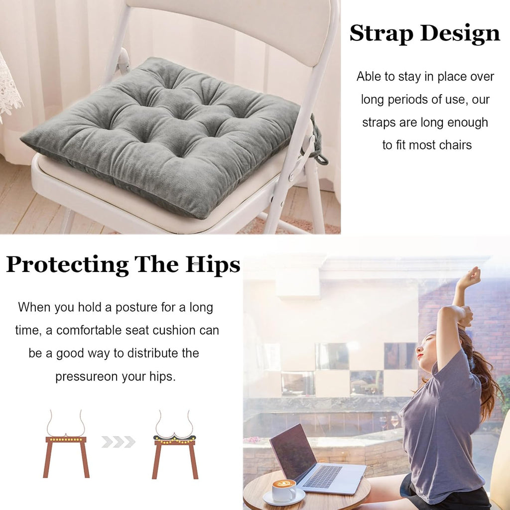 2 Pack Square Seat Cushion Chair Pads for Kitchen Dining Chairs, Soft Comfort Velvet Chair Mat Pillow Cushions with Ties for Office Desk Living Room Tatami 15.5", Gray
