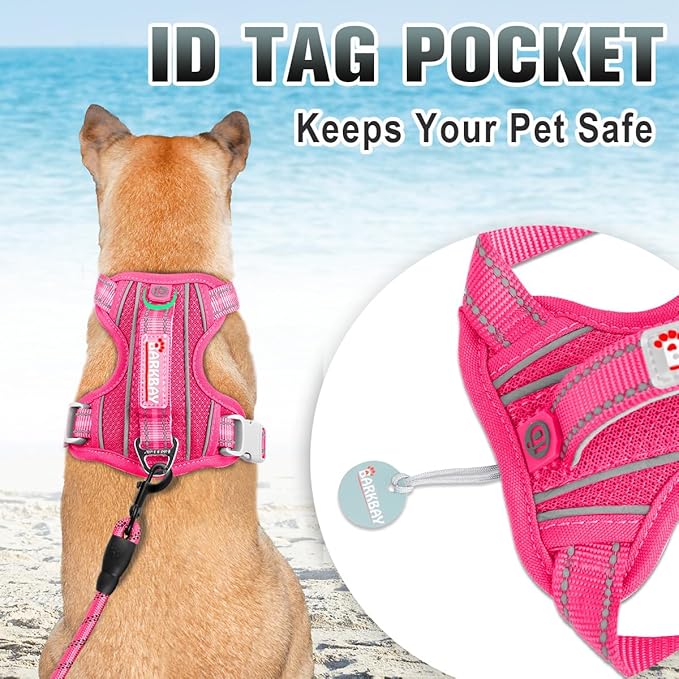 BARKBAY No Pull Dog Harness Large Reflective Dog Harness with Front Clip and Easy Control Handle for Walking Training Running with ID tag Pocket(Pink,XS)