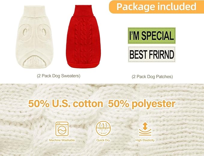 2 Pack Dog Sweaters for Small Dogs - Puppy Medium Warm Clothes in Winter, Turtleneck Pullover Design for Boy Girl Pet, Doggie, Cat, Kitten Chihuahua Bulldog Pug Beagles (2XS, Red, Beige)