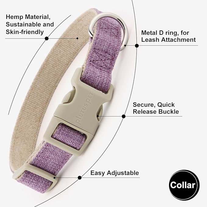 Plutus Pet Cotton Hemp Dog Collar and Leash Set, Adjustable Collar for Small, Medium, and Large Dogs, Heavy Duty and Soft on Skin, Lavender, XS