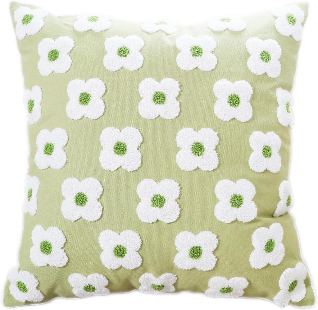 DECOBIRD Embroidery Throw Pillow Cover 18x18 Light Green Floral Design Home Decor Loop Embroidered Pillow Case Thick Cotton Canvas Square Cushion Cover for Couch 45x45cm, 4 Petal Flowers 1 Piece