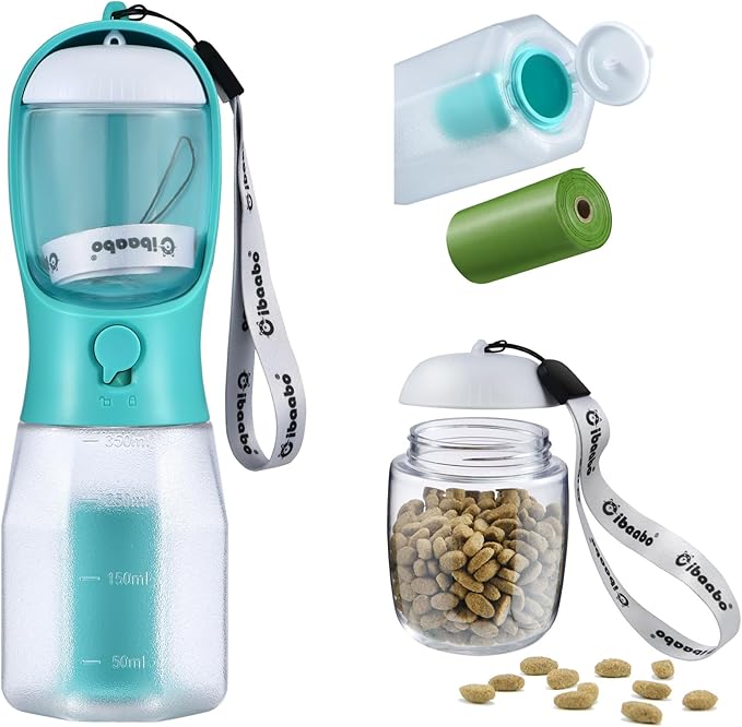Dog Water Bottle with Food Container & Poop Bag Holder, Travel Water Bowl, Portable Pet Dispenser, Dog Gifts Stuff Accessories Items, Puppy Essentials for Yorkie Chihuahua Walking Hiking