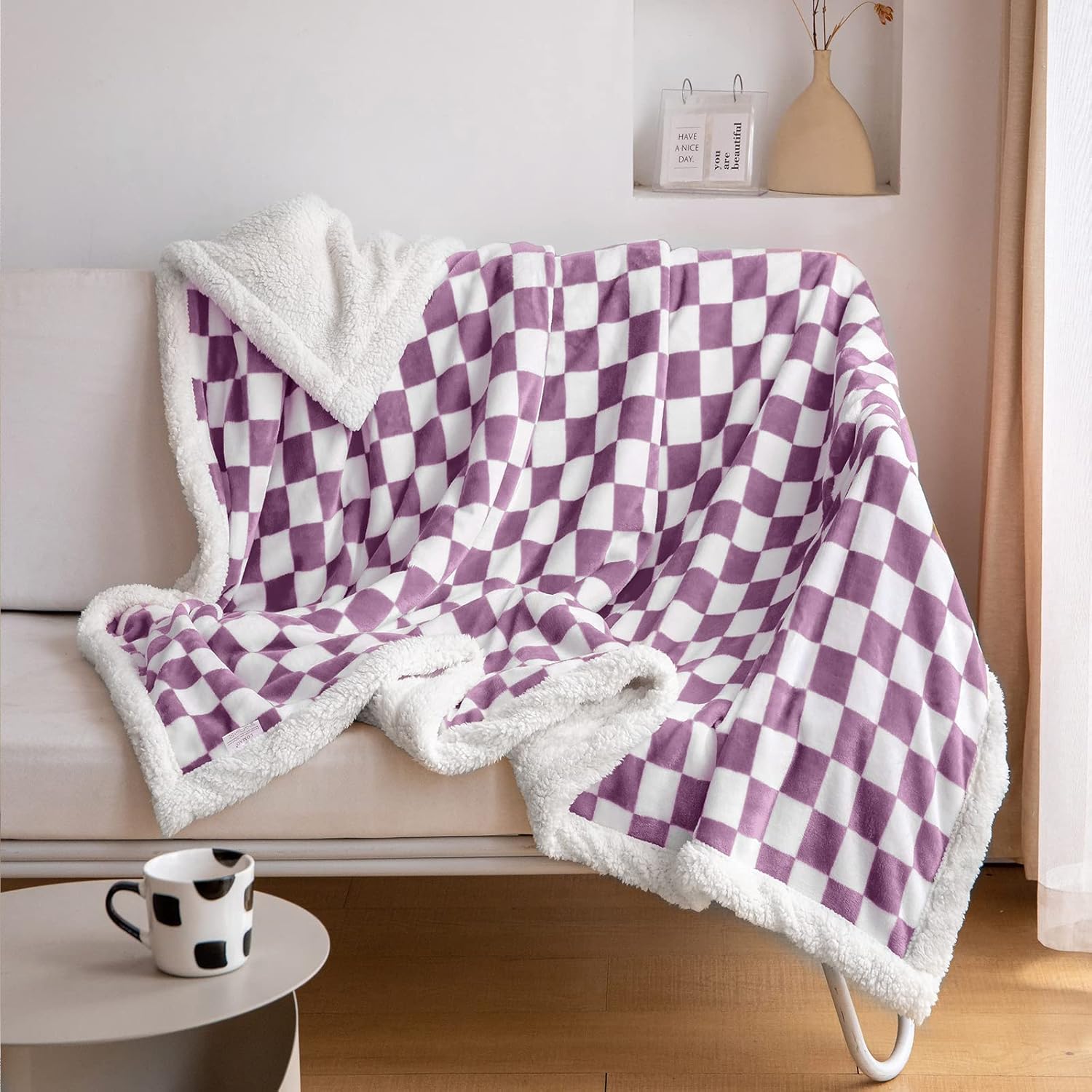 LOMAO Sherpa Throw Blanket Fleece Blanket with Checkered Pattern Soft Thick Blanket for Couch, Bed, Sofa Luxurious Warm and Cozy for All Seasons (Purple, 51"x63")