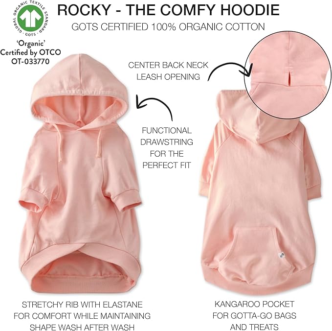 Rocky – The Orginal Lightweight Hooded TEE 100% Organic Cotton Dog Hoodie Pet Coat Sweater for Small, Medium, Large Dogs, Original Pink, X-Large (55-80 lbs)
