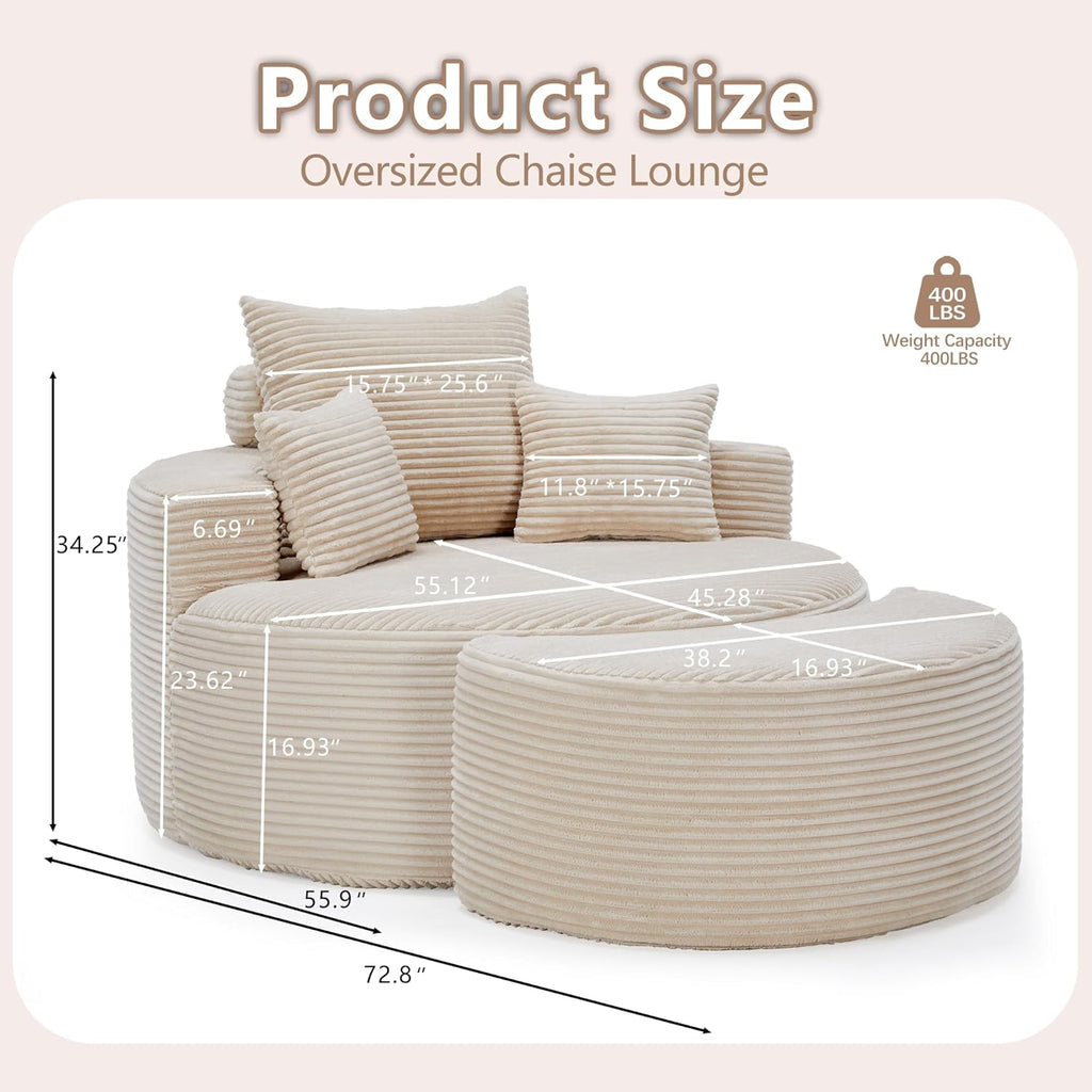 55.11" W Oversized Round Chaise Lounge Chair, Deep Seat Corduroy Cloud with Pillows, Moveable Ottoman and Blanket– Comfy Circle Loveseat Sofa Chair for Living Room or Bedroom (Beige)