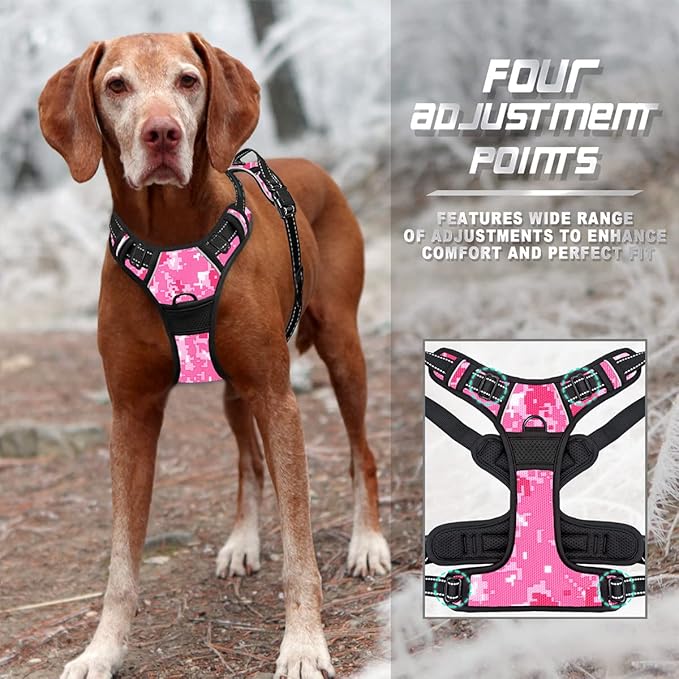 BARKBAY No Pull Dog Harness Front Clip Heavy Duty Reflective Easy Control Handle for Large Dog Walking(Pink camo,M)