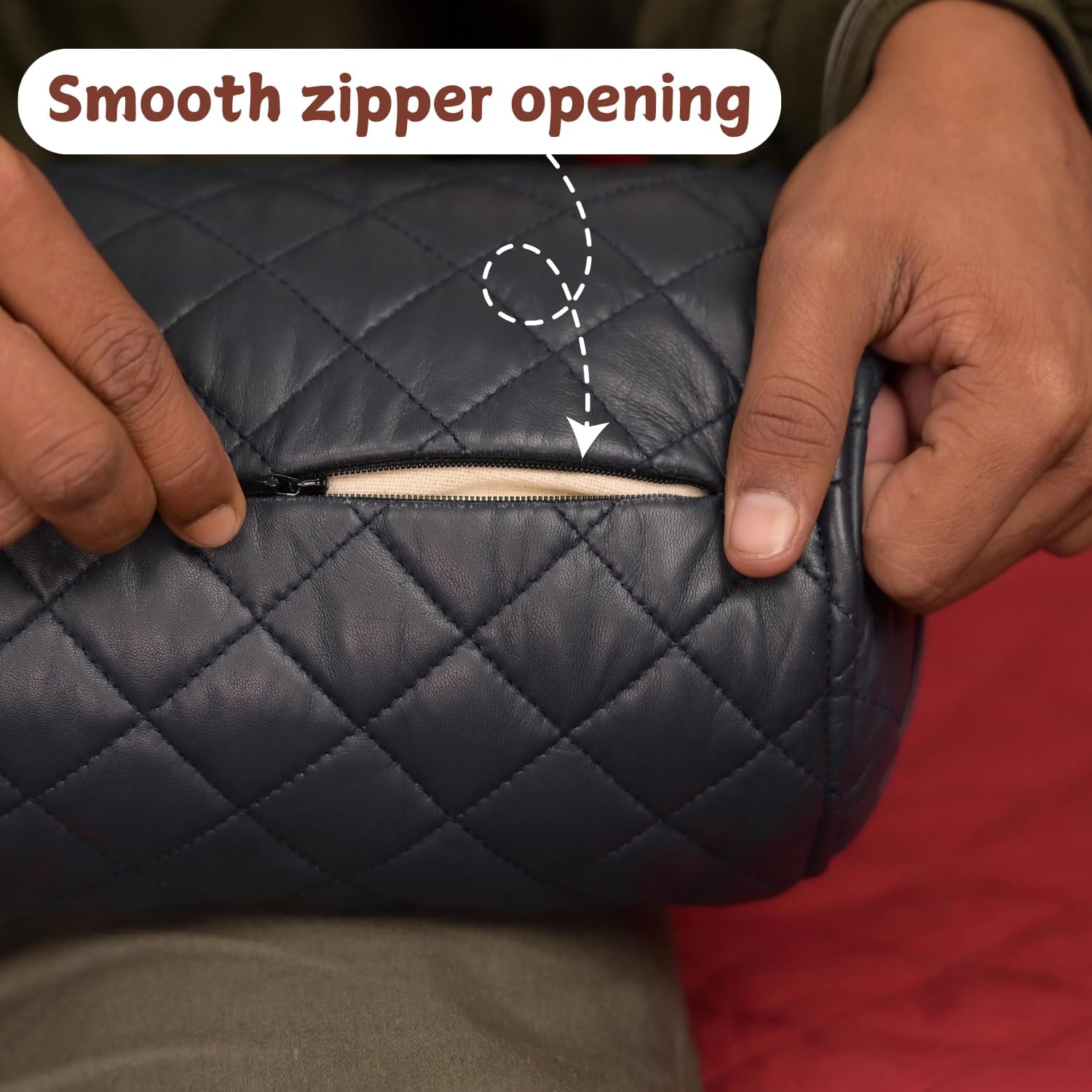 Neck Roll Pillow Cushion Cover, 16x6 Inch Full Moon Round Bolster Pillow Case, Cylinder Soft Lambskin Leather Pillowcase for Head, Spine & Neck Support During Sleep - Quilted Gun Metal Blue Pack of 1