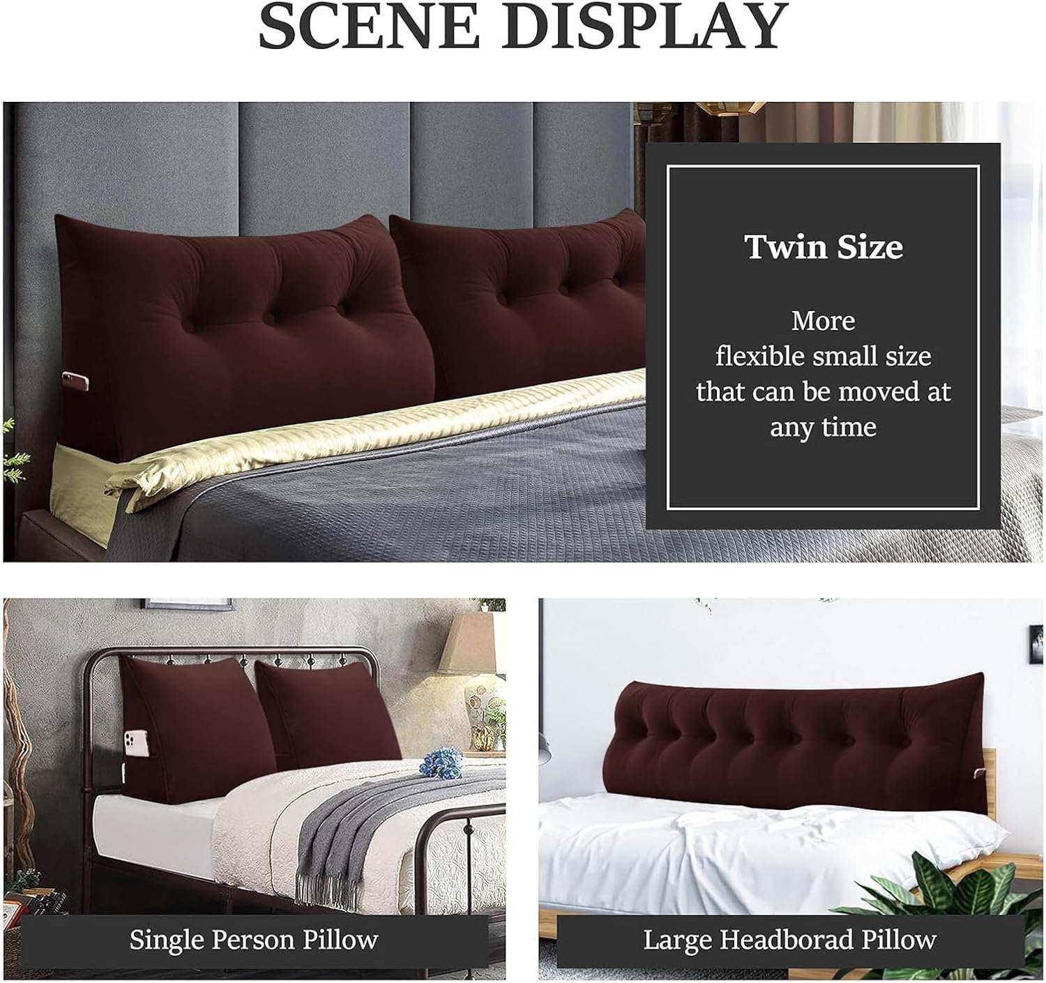 Bed Wedge Headboard Pillow - College Dorm Reading Pillow Back Support While Sitting in Bed - Ergonomic Lumbar Pillow Body Positioning Bed Pillow - Velvet Maroon 76IN