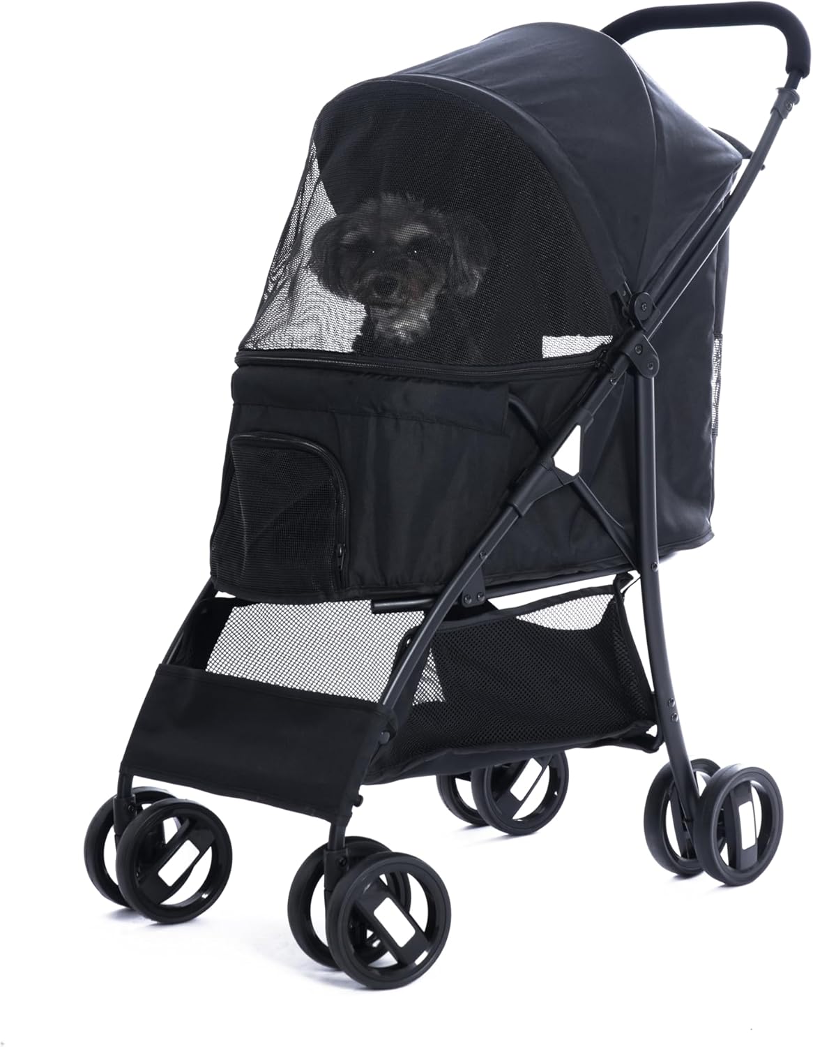 4 Wheels Pet Stroller,Easy-Foldable Dog Cat Cage Jogger Stroller with Weather Cover for All-Season,Storage Basket and Visible Mesh for Small/Medium Pets up to 33lbs (Black)