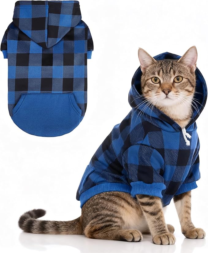 KOOLTAIL Plaid Dog Hoodie Pet Clothes Sweater with Hat and Pocket for Small Medium Large Size Dogs, Soft Winter Warm Dog Cold Weather Coat, Fleece Fall Dog Hooded Sweatshirt for Puppy Cats, Blue XS
