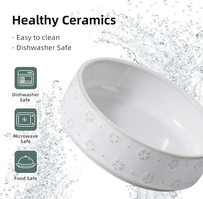 6.1inch Ceramic Set of 2 Dog and Cat Bowls, Food and Water Bowls for Toy Breed Dogs, Kitty, 2pcs Pet Dishes, Cat Feeder(2Dishes, White with Snowflake Pattern)